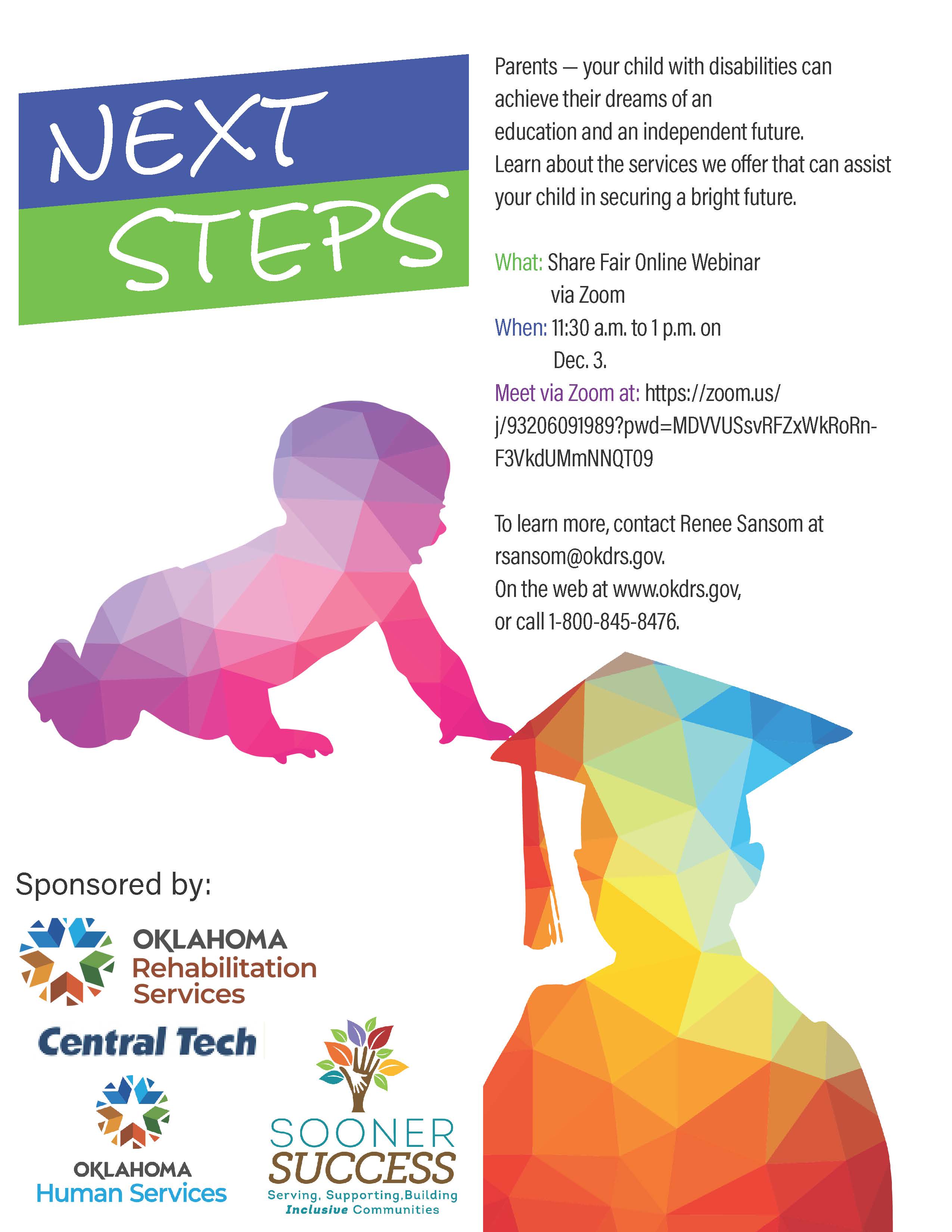 flyer, Silhouette of a baby crawling and student with cap and gown. All information in flyer below.