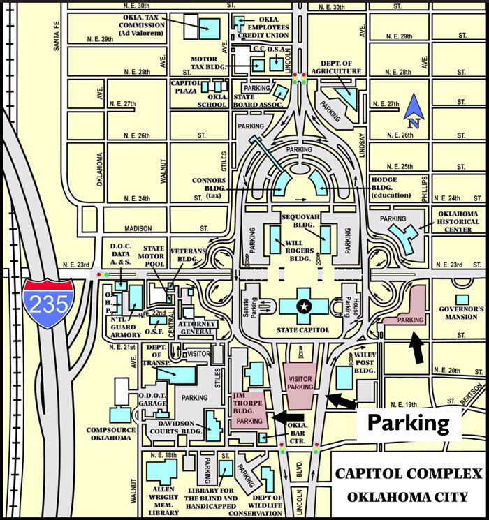 A map of the capitol complex show parking at the Jim Thorpe building, visitor parking lot to the south of the Capitol and to the east.